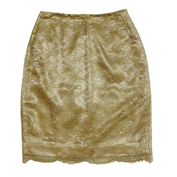 Kate Hill Women’s Gold Lace Pencil Skirt back Slit Sz 6 Lined - Picture 4 of 11